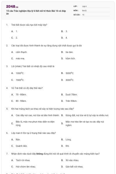 15 câu Trắc nghiệm Địa lý 6 Kết nối tri thức Bài 10 có đáp án