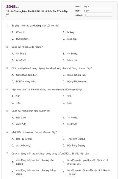12 câu Trắc nghiệm Địa lý 6 Kết nối tri thức Bài 12 có đáp án