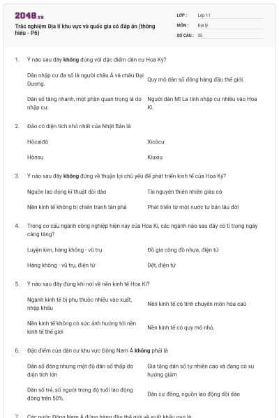 Trắc nghiệm Địa lí khu vực và quốc gia có đáp án (thông hiểu - P6)