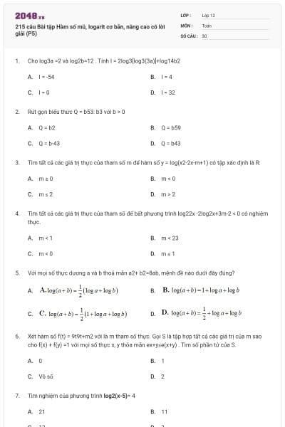 215 câu Bài tập Hàm số mũ, logarit cơ bản, nâng cao có lời giải (P5)