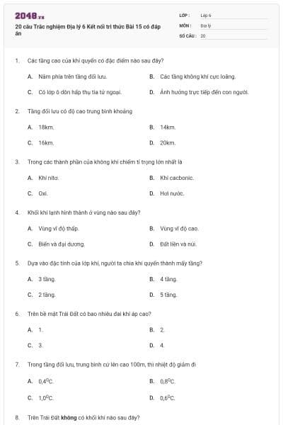 20 câu Trắc nghiệm Địa lý 6 Kết nối tri thức Bài 15 có đáp án