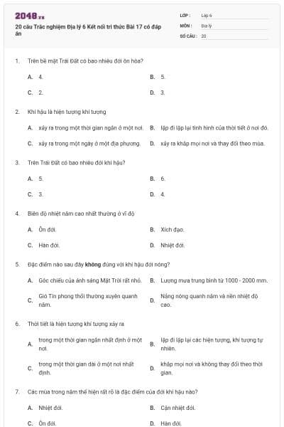 20 câu Trắc nghiệm Địa lý 6 Kết nối tri thức Bài 17 có đáp án