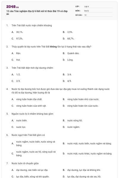 12 câu Trắc nghiệm Địa lý 6 Kết nối tri thức Bài 19 có đáp án