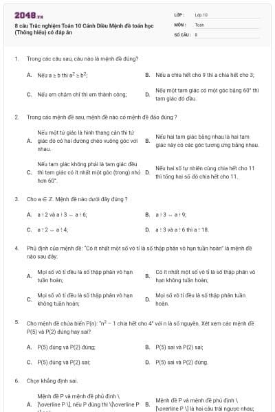 8 câu Trắc nghiệm Toán 10 Cánh Diều Mệnh đề toán học (Thông hiểu) có đáp án