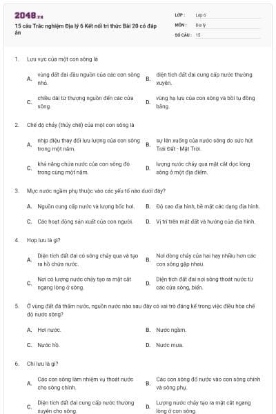 15 câu Trắc nghiệm Địa lý 6 Kết nối tri thức Bài 20 có đáp án