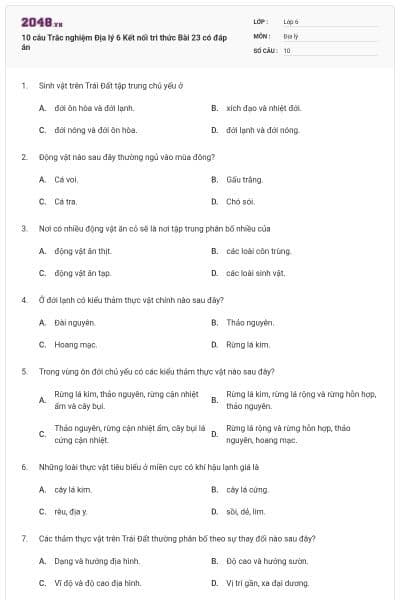 10 câu Trắc nghiệm Địa lý 6 Kết nối tri thức Bài 23 có đáp án