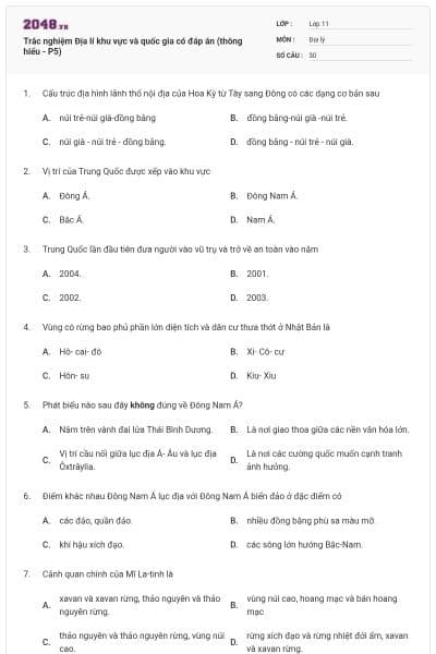 Trắc nghiệm Địa lí khu vực và quốc gia có đáp án (thông hiểu - P5)