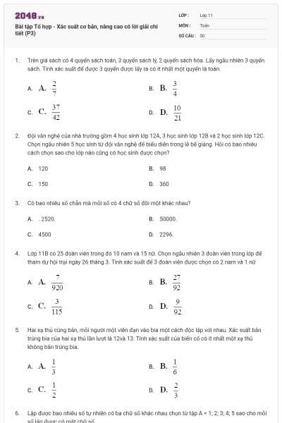 Bài tập Tổ hợp - Xác suất cơ bản, nâng cao có lời giải chi tiết (P3)