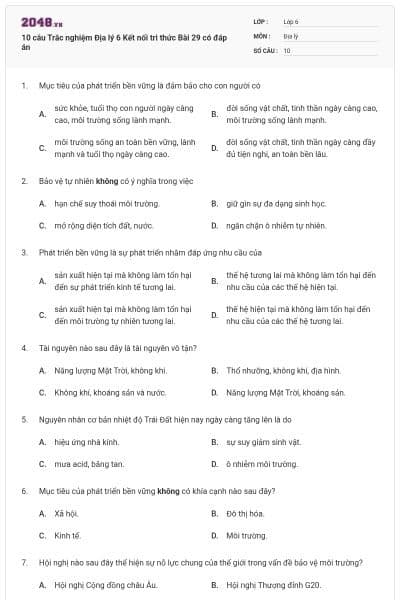 10 câu Trắc nghiệm Địa lý 6 Kết nối tri thức Bài 29 có đáp án