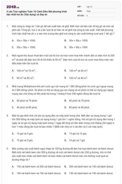 5 câu Trắc nghiệm Toán 10 Cánh Diều Bất phương trình bậc nhất hai ẩn (Vận dụng) có đáp án