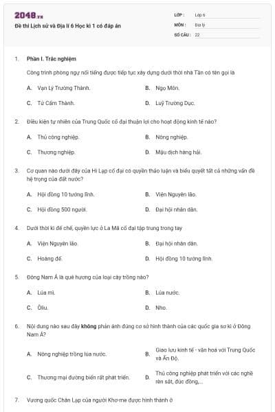 Đề thi Lịch sử và Địa lí 6 Học kì 1 có đáp án