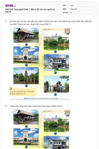 Giải SGK Công nghệ 6 Bài 1: Nhà ở đối với con người có đáp án