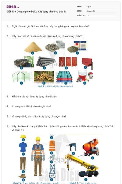 Giải SGK Công nghệ 6 Bài 2: Xây dựng nhà ở có đáp án