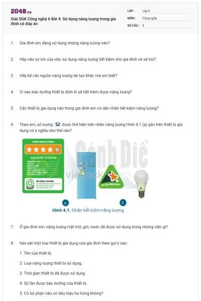 Giải SGK Công nghệ 6 Bài 4: Sử dụng năng lượng trong gia đình có đáp án
