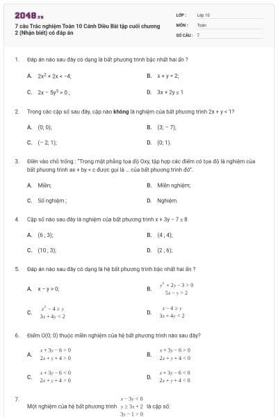 7 câu Trắc nghiệm Toán 10 Cánh Diều Bài tập cuối chương 2 (Nhận biết) có đáp án