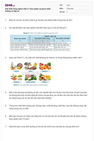 Giải SGK Công nghệ 6 Bài 5: Thực phẩm và giá trị dinh dưỡng có đáp án
