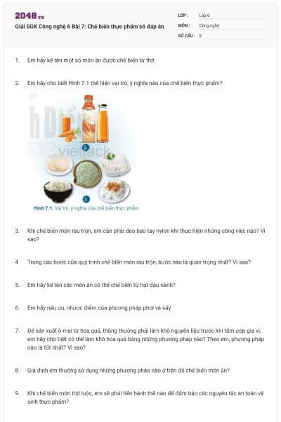 Giải SGK Công nghệ 6 Bài 7: Chế biến thực phẩm có đáp án