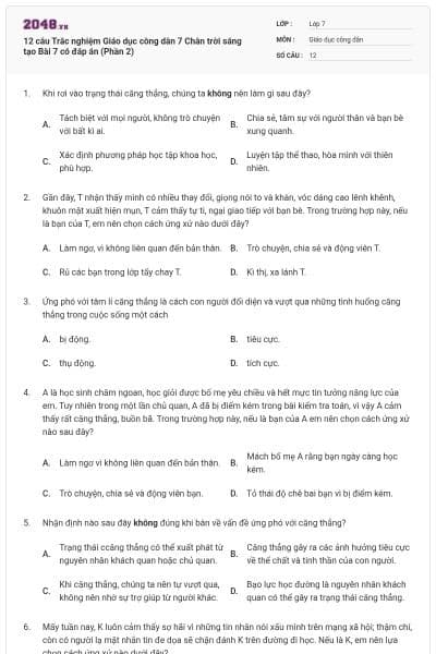 12 câu Trắc nghiệm Giáo dục công dân 7 Chân trời sáng tạo Bài 7 có đáp án (Phần 2)