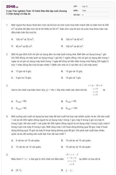 5 câu Trắc nghiệm Toán 10 Cánh Diều Bài tập cuối chương 2 (Vận dụng) có đáp án