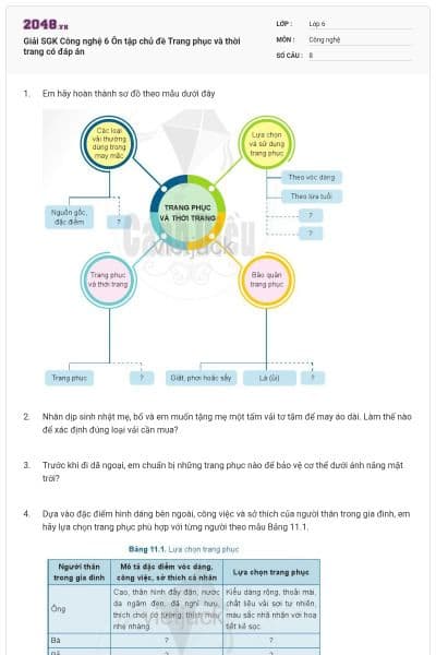 Giải SGK Công nghệ 6 Ôn tập chủ đề Trang phục và thời trang có đáp án