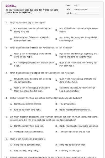 15 câu Trắc nghiệm Giáo dục công dân 7 Chân trời sáng tạo Bài 9 có đáp án (Phần 2)