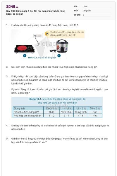 Giải SGK Công nghệ 6 Bài 13: Nồi cơm điện và bếp hồng ngoại có đáp án