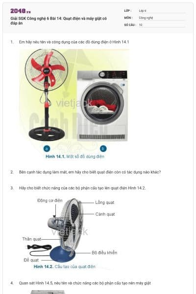 Giải SGK Công nghệ 6 Bài 14: Quạt điện và máy giặt có đáp án