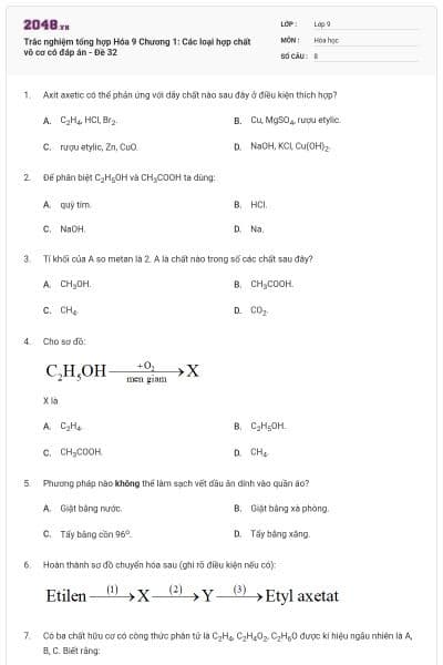 Trắc nghiệm tổng hợp Hóa 9 Chương 1: Các loại hợp chất vô cơ có đáp án - Đề 32