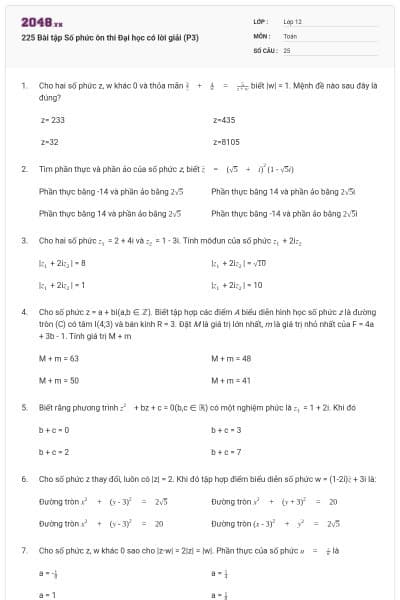 225 Bài tập Số phức ôn thi Đại học có lời giải (P3)