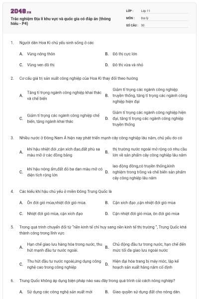 Trắc nghiệm Địa lí khu vực và quốc gia có đáp án (thông hiểu - P4)
