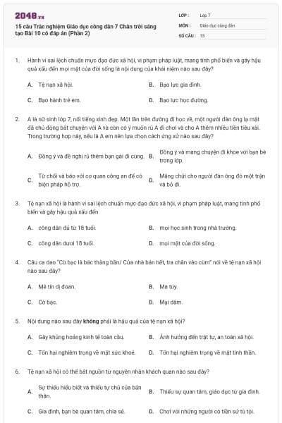 15 câu Trắc nghiệm Giáo dục công dân 7 Chân trời sáng tạo Bài 10 có đáp án (Phần 2)