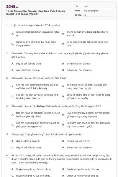 15 câu Trắc nghiệm Giáo dục công dân 7 Chân trời sáng tạo Bài 12 có đáp án (Phần 2)