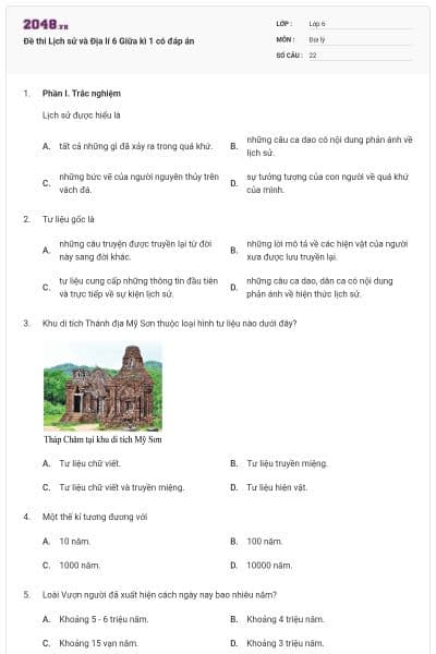 Đề thi Lịch sử và Địa lí 6 Giữa kì 1 có đáp án