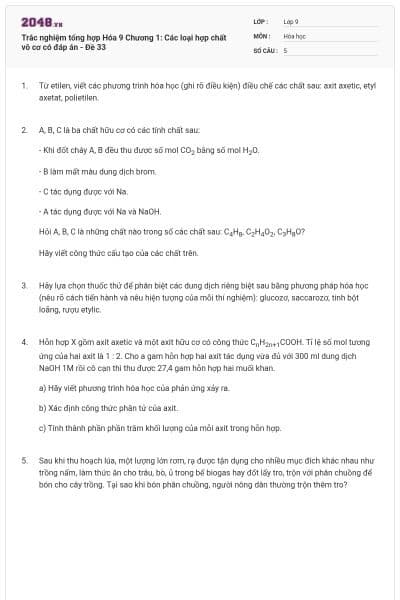 Trắc nghiệm tổng hợp Hóa 9 Chương 1: Các loại hợp chất vô cơ có đáp án - Đề 33