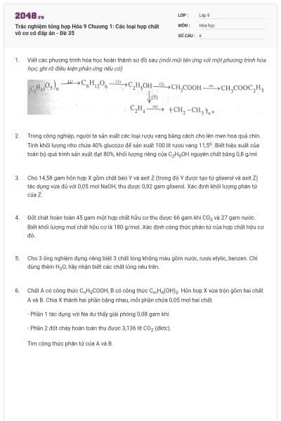 Trắc nghiệm tổng hợp Hóa 9 Chương 1: Các loại hợp chất vô cơ có đáp án - Đề 35