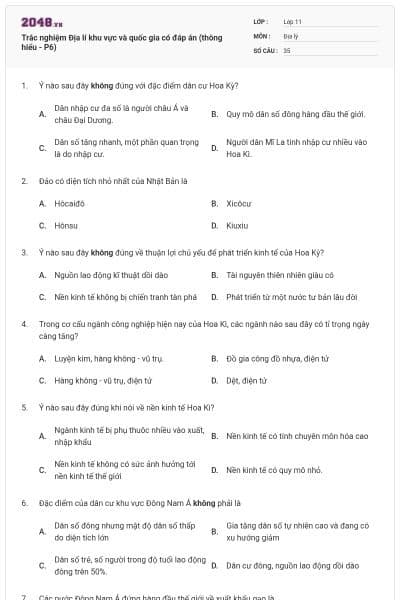 Trắc nghiệm Địa lí khu vực và quốc gia có đáp án (thông hiểu - P6)