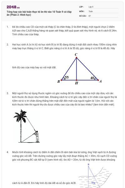 Tổng hợp các bài toán thực tế ôn thi vào 10 Toán 9 có đáp án (Phần 2: Hình học)