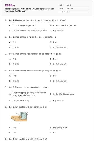 Trắc nghiệm Công Nghệ 11 Bài 17: Công nghệ cắt gọt kim loại có đáp án (Mới nhất)