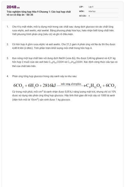 Trắc nghiệm tổng hợp Hóa 9 Chương 1: Các loại hợp chất vô cơ có đáp án - Đề 36