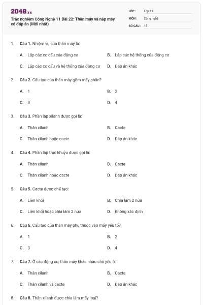 Trắc nghiệm Công Nghệ 11 Bài 22: Thân máy và nắp máy có đáp án (Mới nhất)