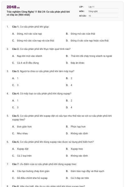 Trắc nghiệm Công Nghệ 11 Bài 24: Cơ cấu phân phối khí có đáp án (Mới nhất)