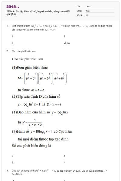 215 câu Bài tập Hàm số mũ, logarit cơ bản, nâng cao có lời giải (P6)