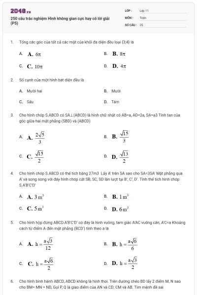 250 câu trắc nghiệm Hình không gian cực hay có lời giải (P5)