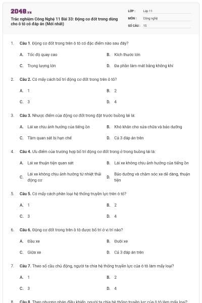 Trắc nghiệm Công Nghệ 11 Bài 33: Động cơ đốt trong dùng cho ô tô có đáp án (Mới nhất)