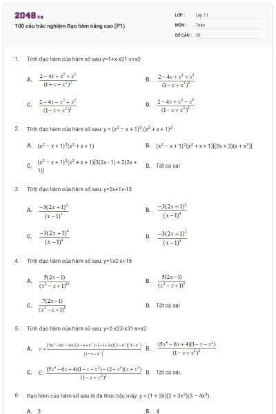 100 câu trắc nghiệm Đạo hàm nâng cao (P1)