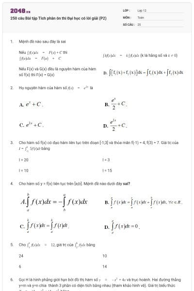 250 câu Bài tập Tích phân ôn thi Đại học có lời giải (P2)