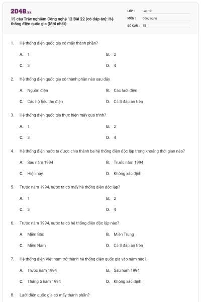 15 câu Trắc nghiệm Công nghệ 12 Bài 22 (có đáp án): Hệ thống điện quốc gia (Mới nhất)