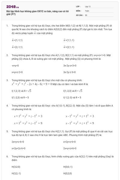 Bài tập Hình học không gian OXYZ cơ bản, nâng cao có lời giải (P7)