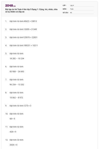 Bài tập ôn hè Toán 4 lên lớp 5 Dạng 1: Cộng, trừ, nhân, chia số tự nhiên có đáp án