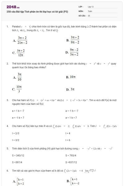250 câu Bài tập Tích phân ôn thi Đại học có lời giải (P3)